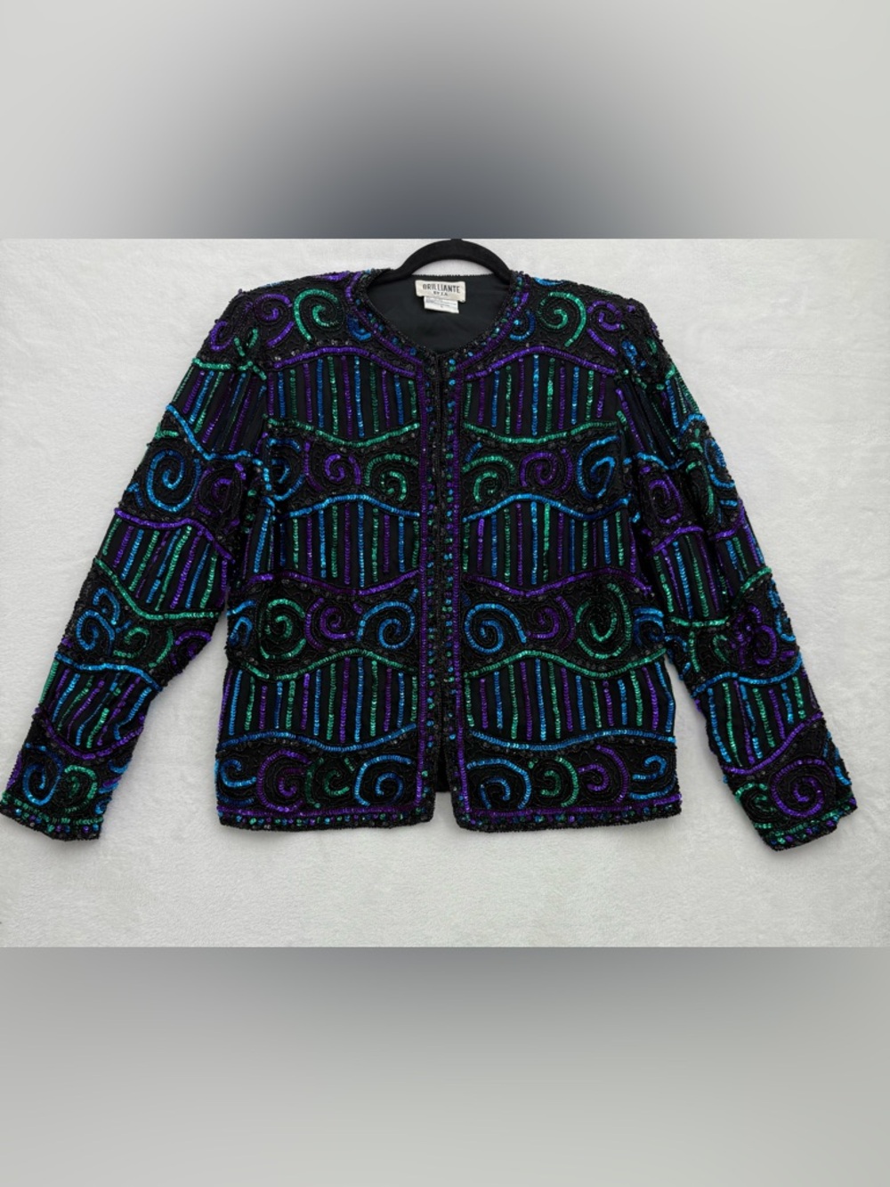 Brilliante by JA Vintage Silk Beaded Sequin Jacket Teal Purple Black Large L